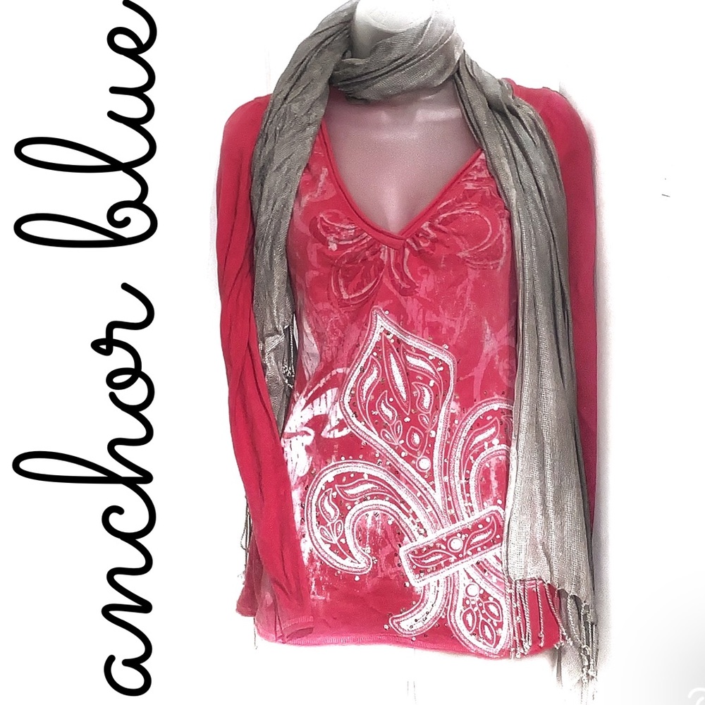 Y2K Anchor Blue Sequin Tattoo Style Long Sleeve Top Small Pink Fairy Grunge Punk